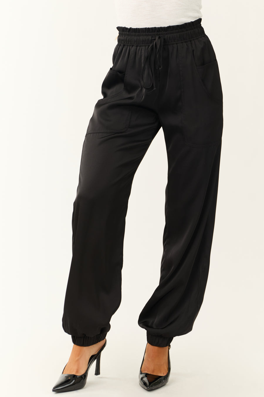 Black Elastic Waist Satin Joggers