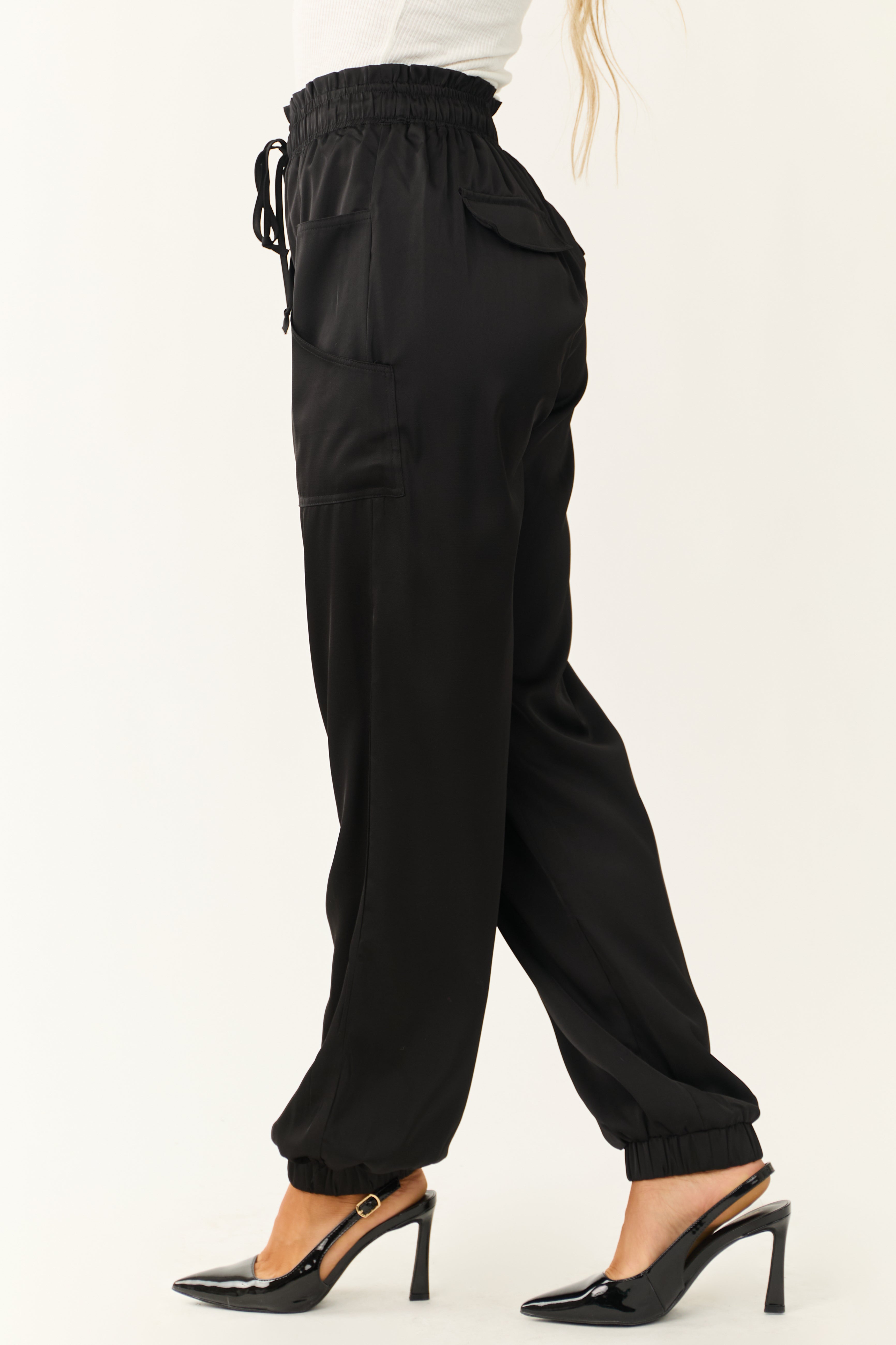 Black Elastic Waist Satin Joggers