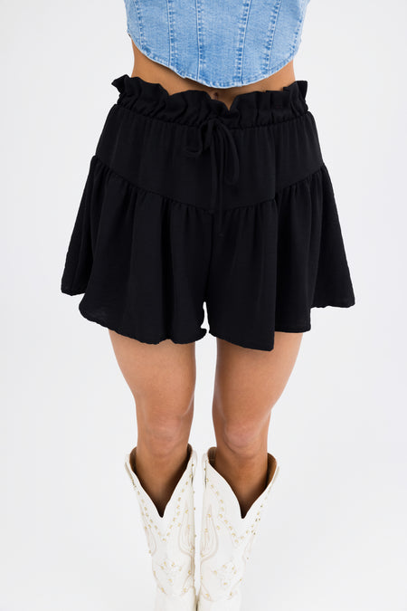 Black Elastic Waist Woven Flounce Shorts