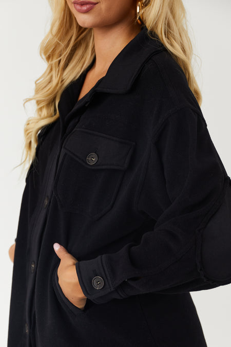 Black Elbow Patch Solid Fleece Shacket