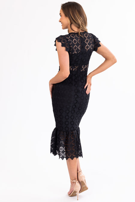 Black Eyelet Lace Ruffle Hem Midi Dress