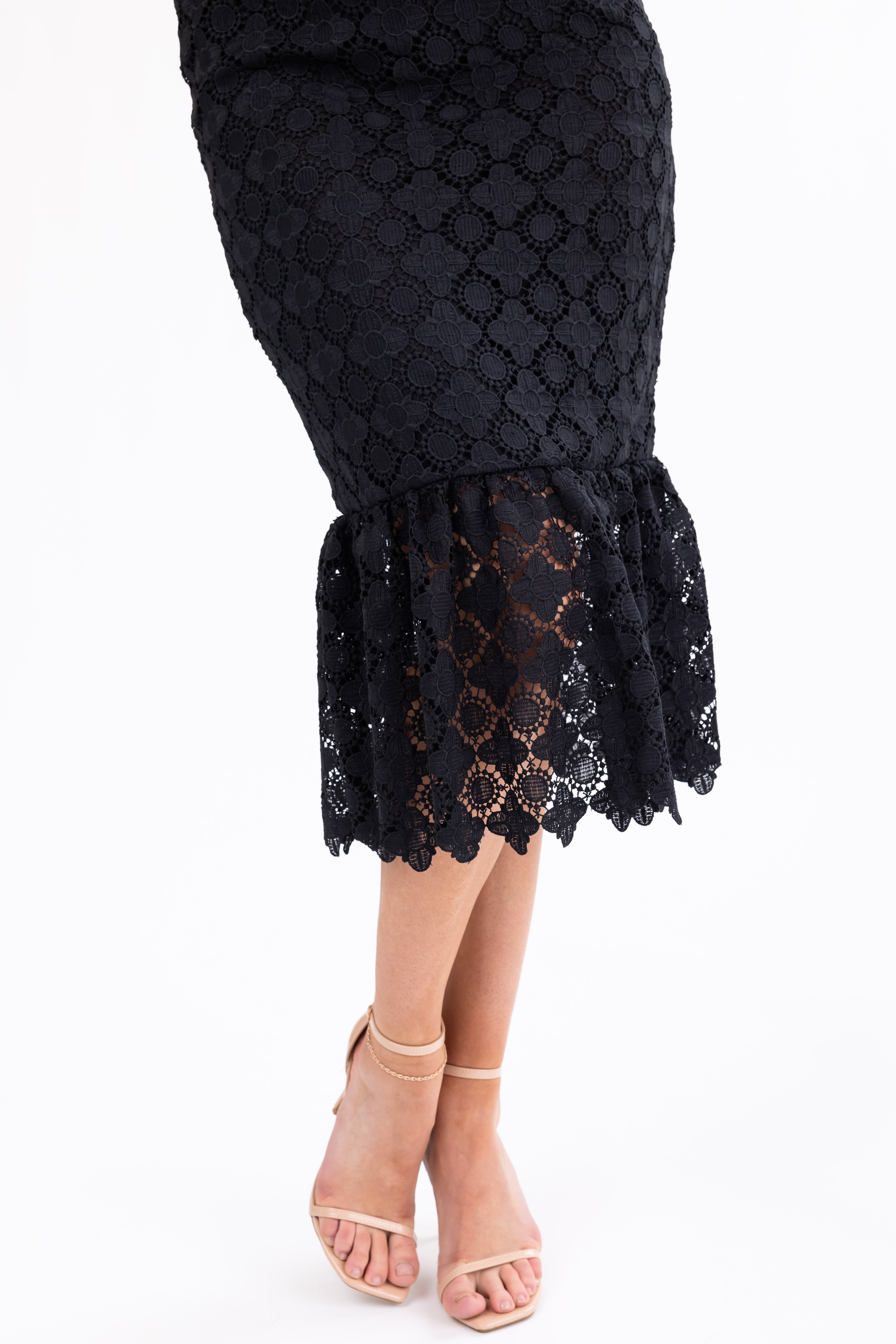 Black Eyelet Lace Ruffle Hem Midi Dress