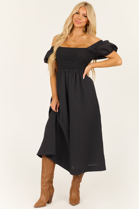 Black Faded Stripe Smocked Short Sleeve Maxi Dress