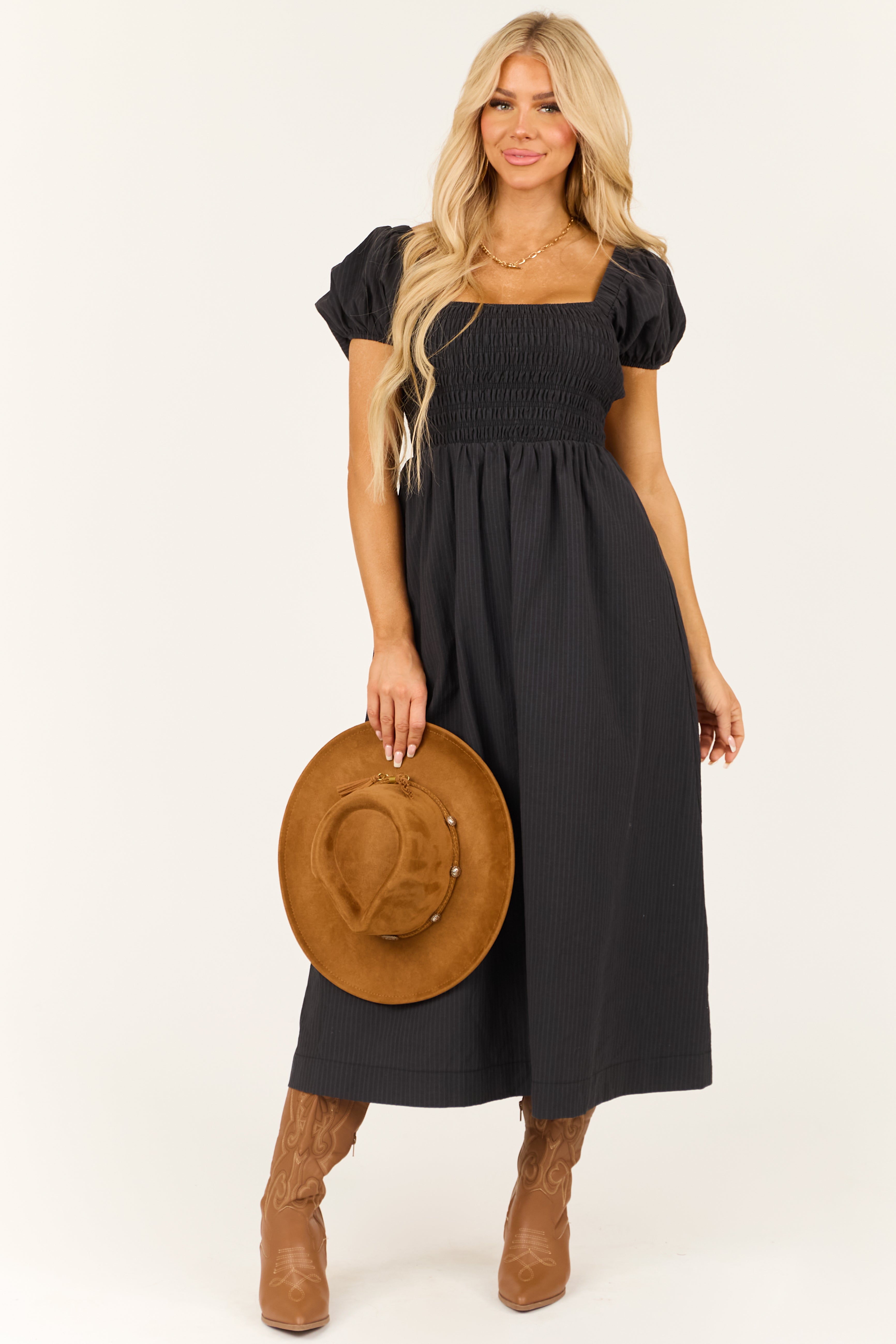 Black Faded Stripe Smocked Short Sleeve Maxi Dress