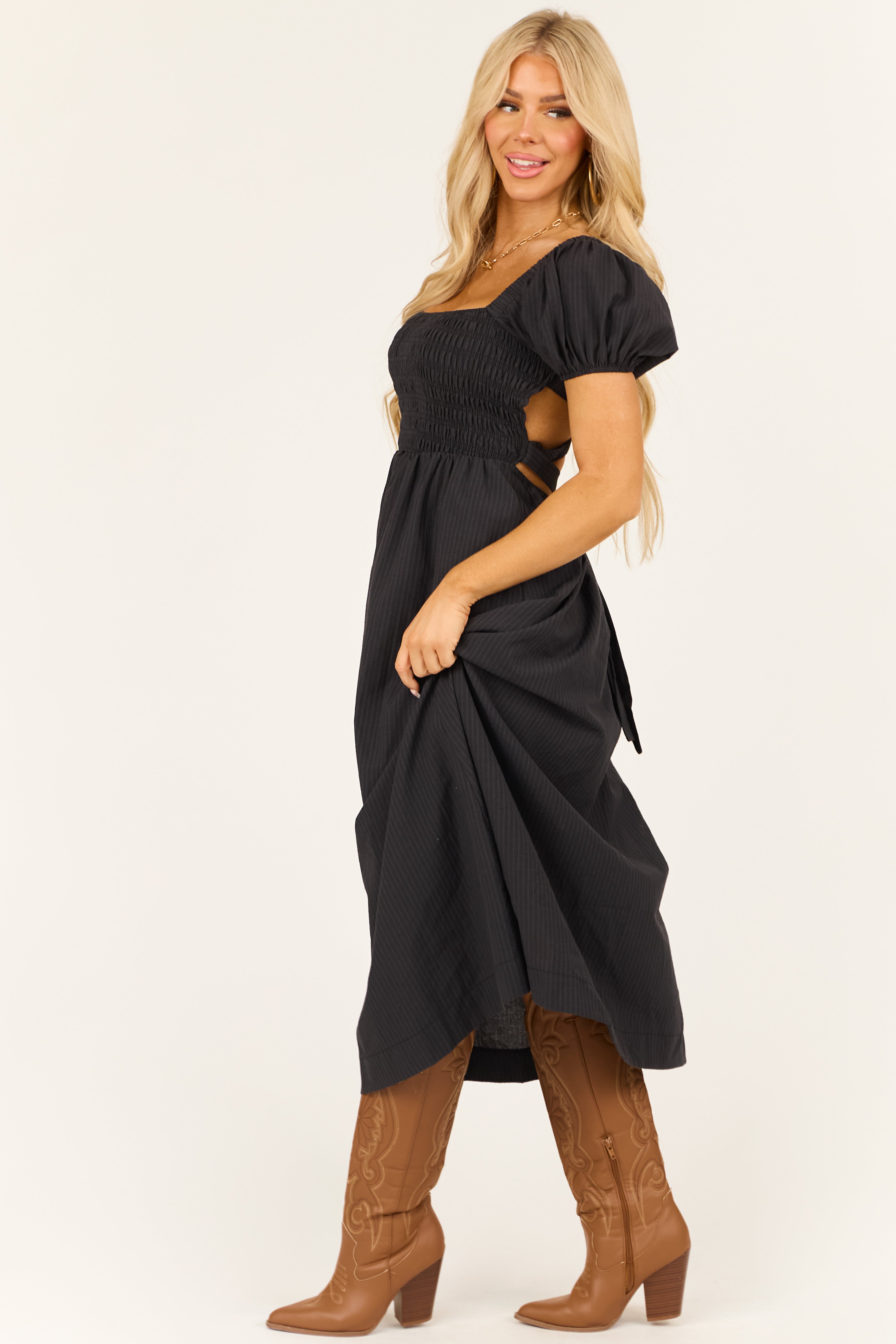 Black Faded Stripe Smocked Short Sleeve Maxi Dress