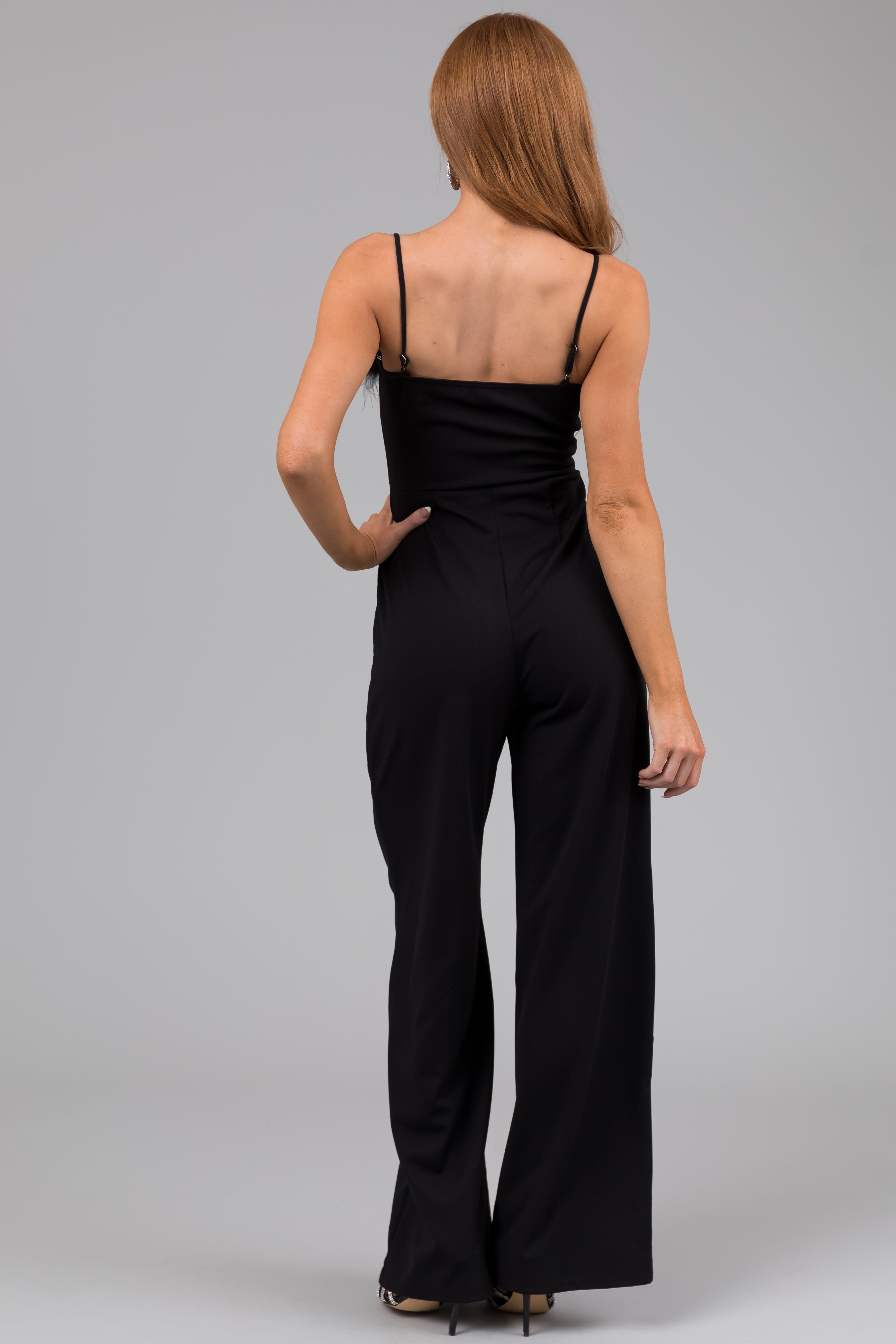 Black Faux Feather Trim Sleeveless Jumpsuit