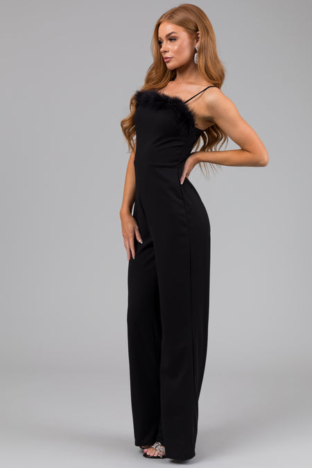 Black Faux Feather Trim Sleeveless Jumpsuit