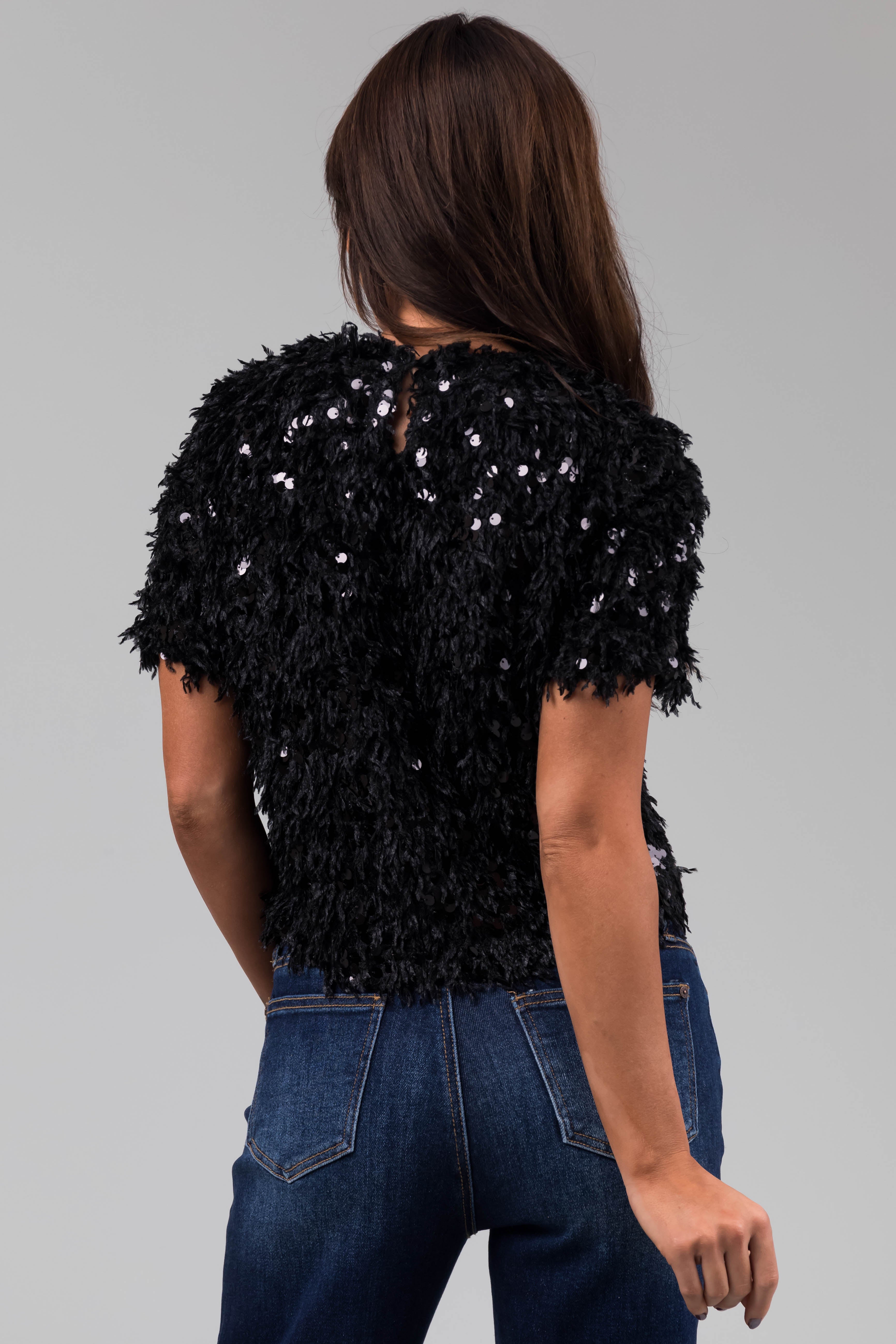 Black Faux Feather and Sequin Top