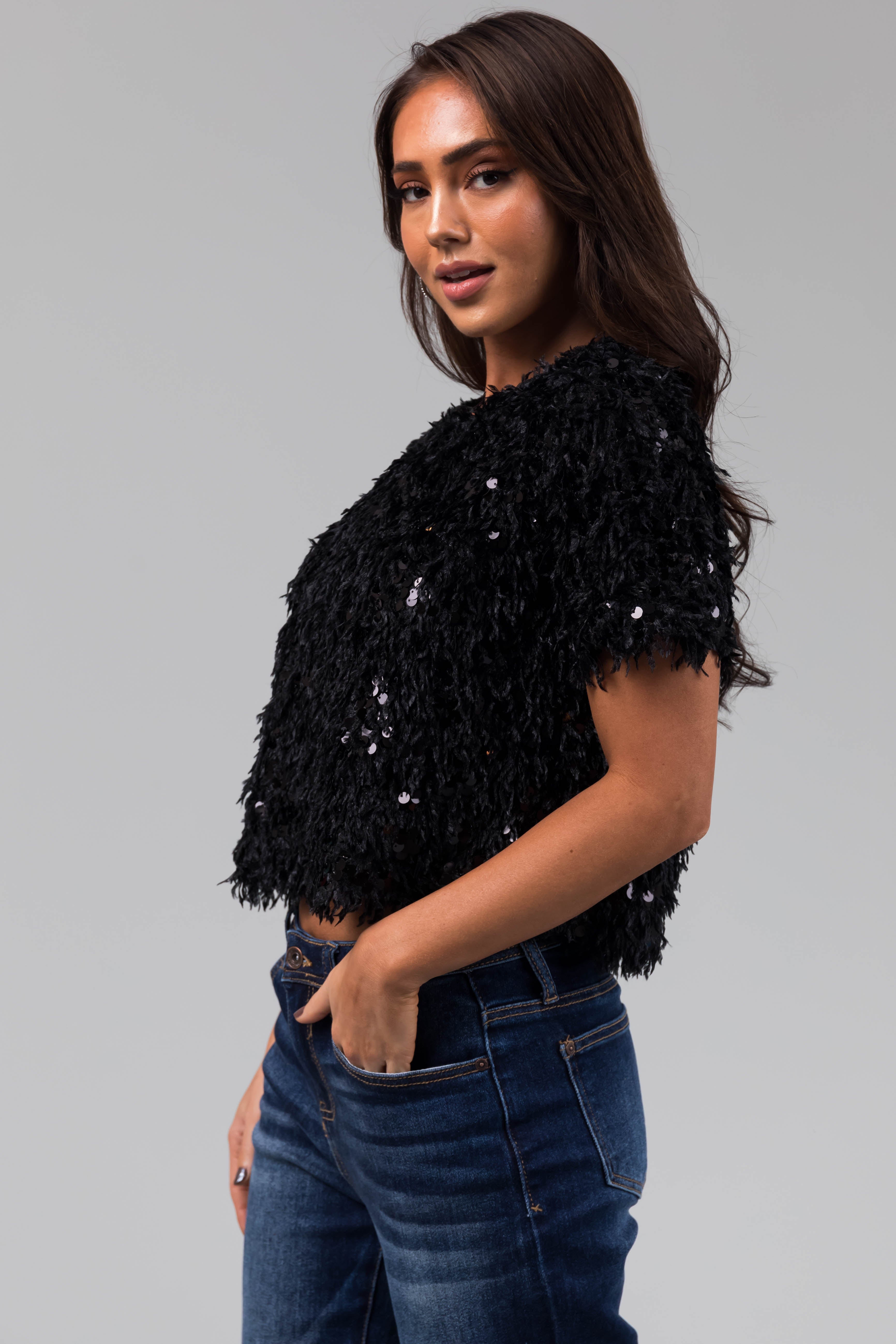 Black Faux Feather and Sequin Top