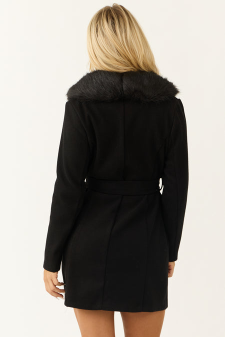 Black Faux Fur Collared Belted Long Sleeve Coat