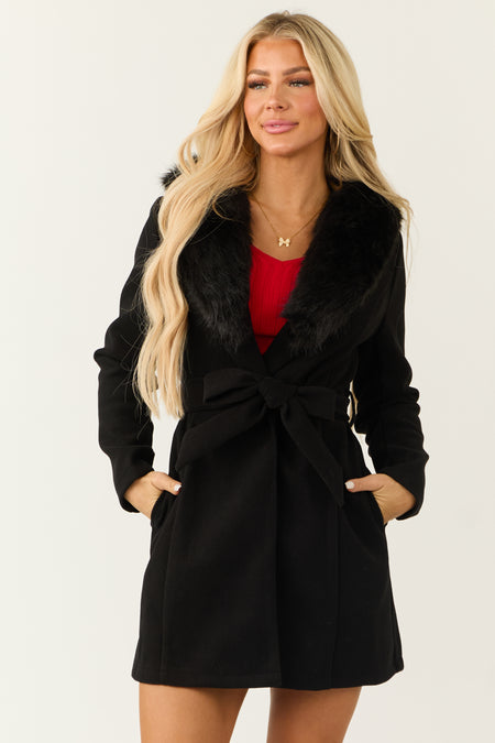 Black Faux Fur Collared Belted Long Sleeve Coat