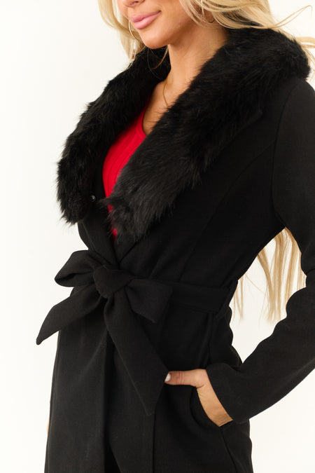 Black Faux Fur Collared Belted Long Sleeve Coat