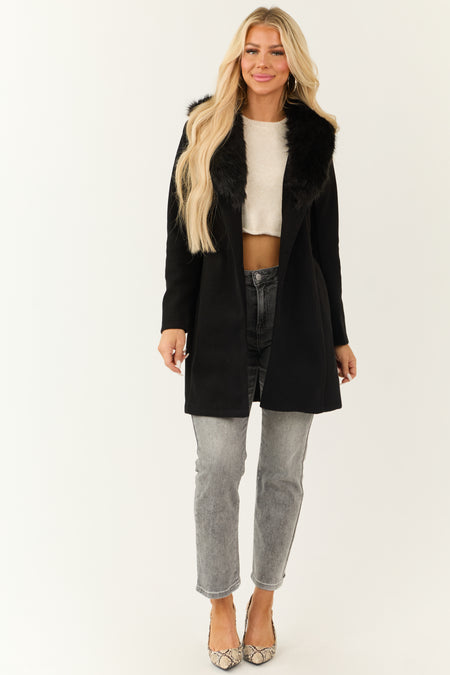 Black Faux Fur Collared Belted Long Sleeve Coat