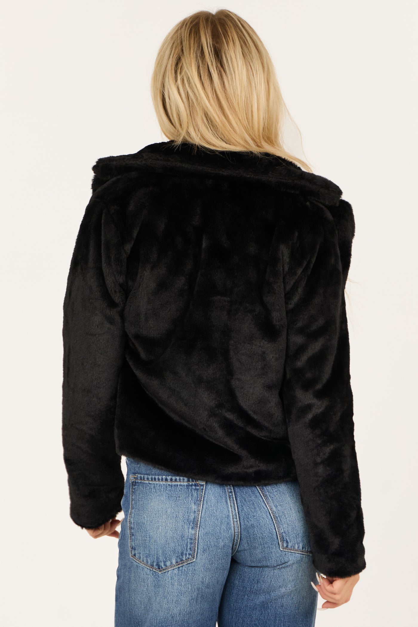 Black Faux Fur Lapel Collar Open Front Jacket