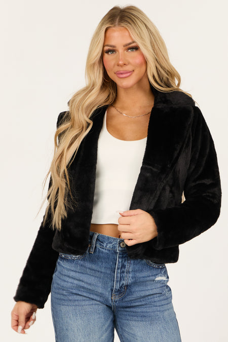 Black Faux Fur Lapel Collar Open Front Jacket