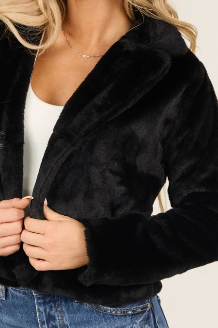 Black Faux Fur Lapel Collar Open Front Jacket