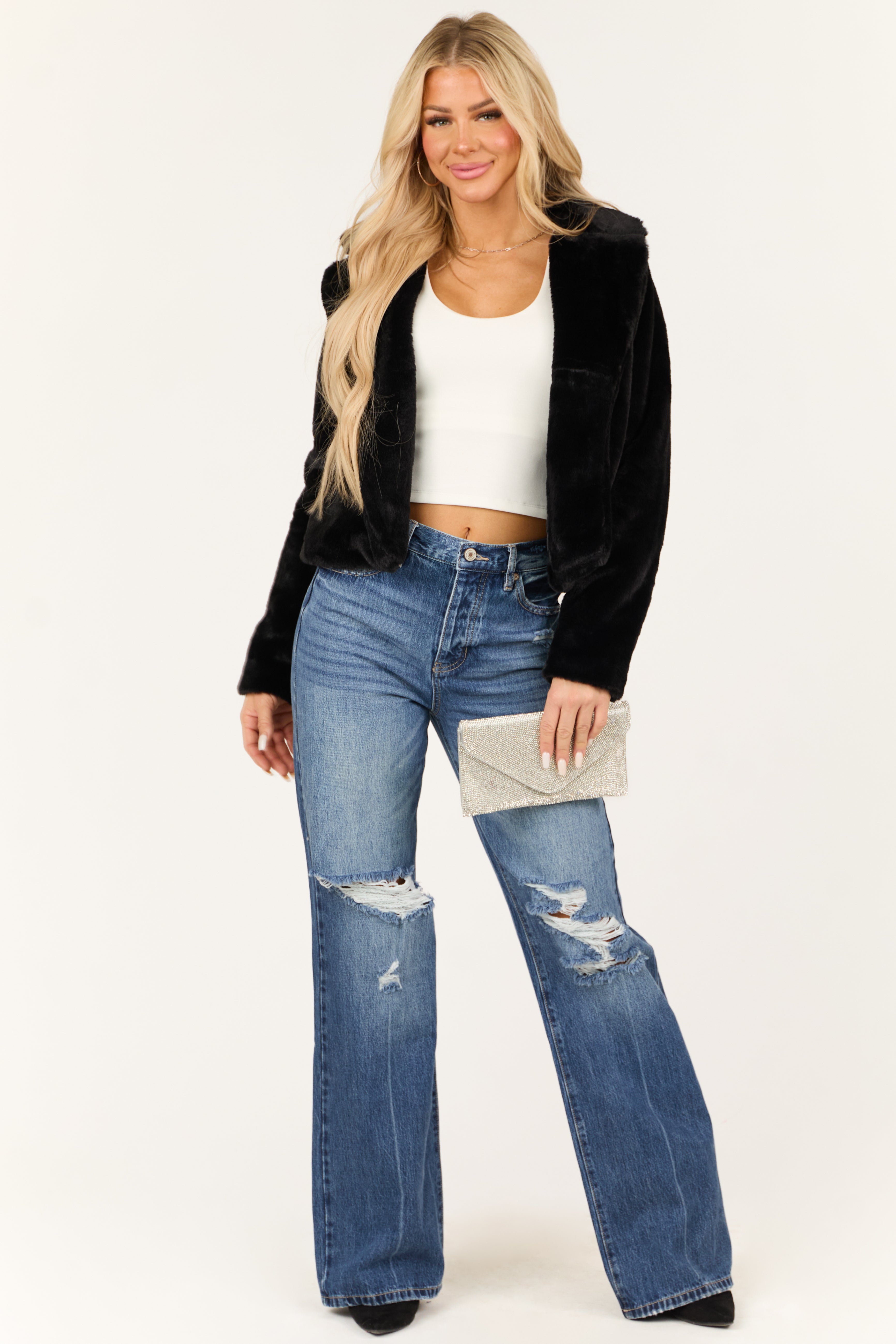 Black Faux Fur Lapel Collar Open Front Jacket