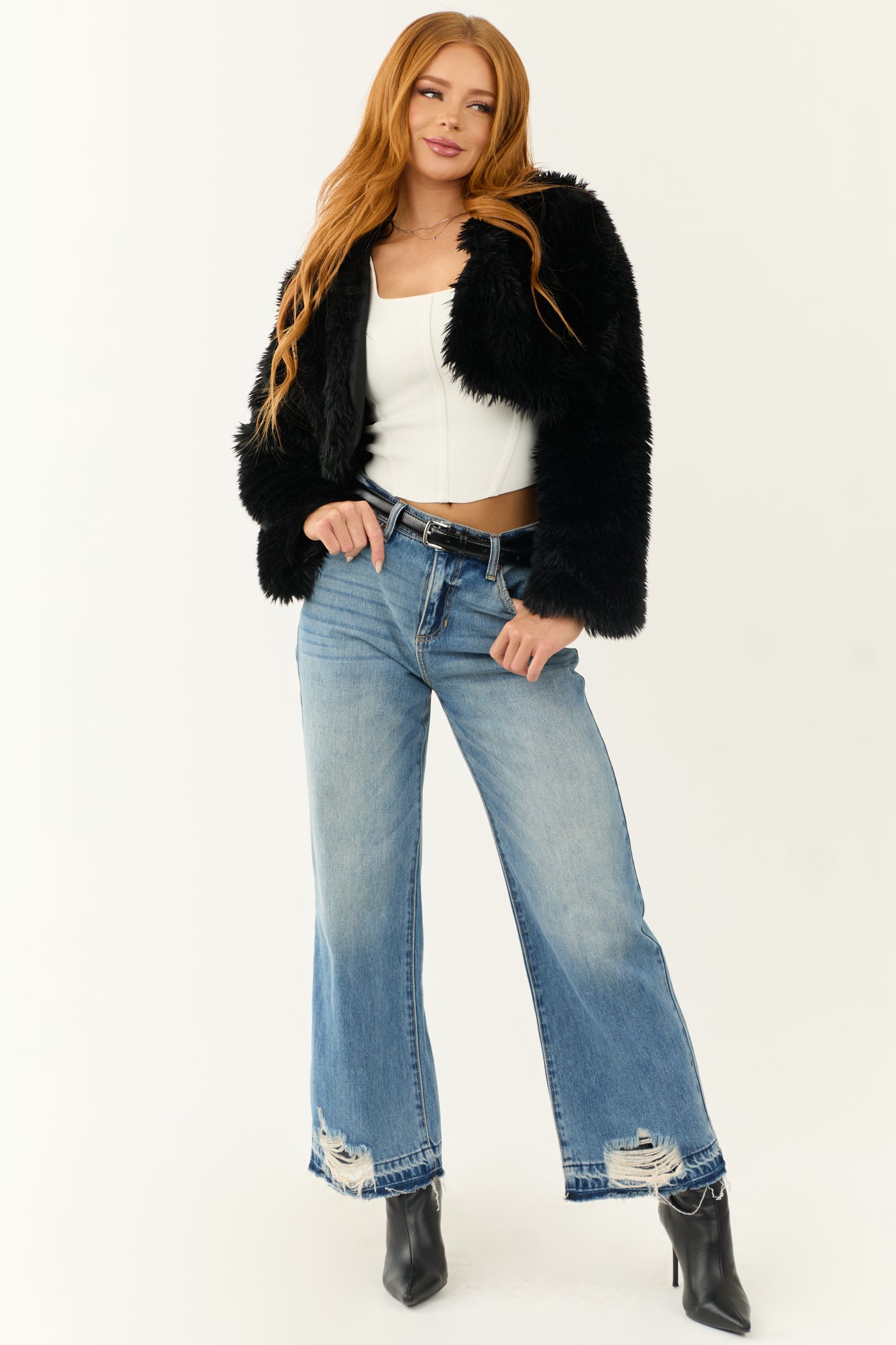 Black Faux Fur Long Sleeve Crop Jacket