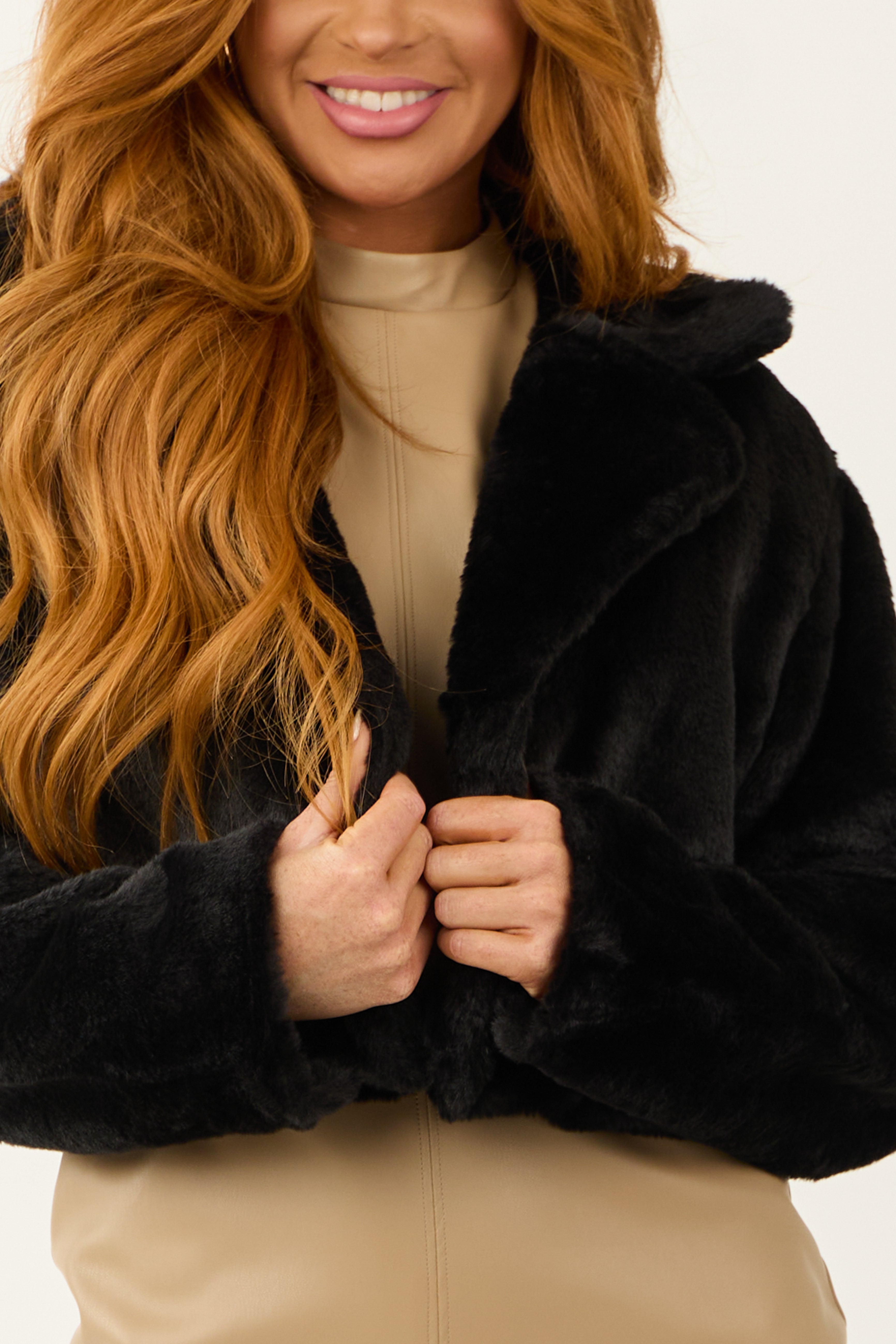 Black Faux Fur Long Sleeve Cropped Jacket