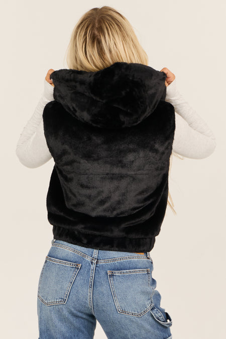 Black Faux Fur Zip Up Hoodie Vest with Pockets