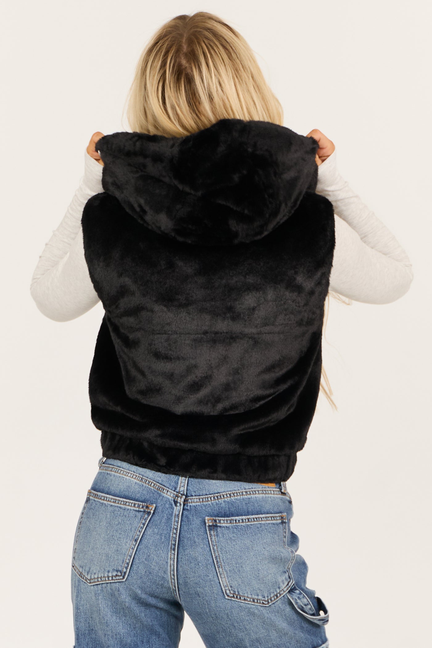 Black Faux Fur Zip Up Hoodie Vest with Pockets