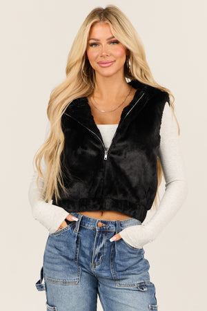 Black Faux Fur Zip Up Hoodie Vest with Pockets