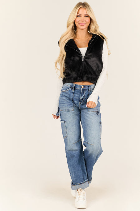 Black Faux Fur Zip Up Hoodie Vest with Pockets