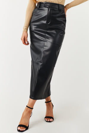 Black Faux Leather Back Slit Midi Skirt