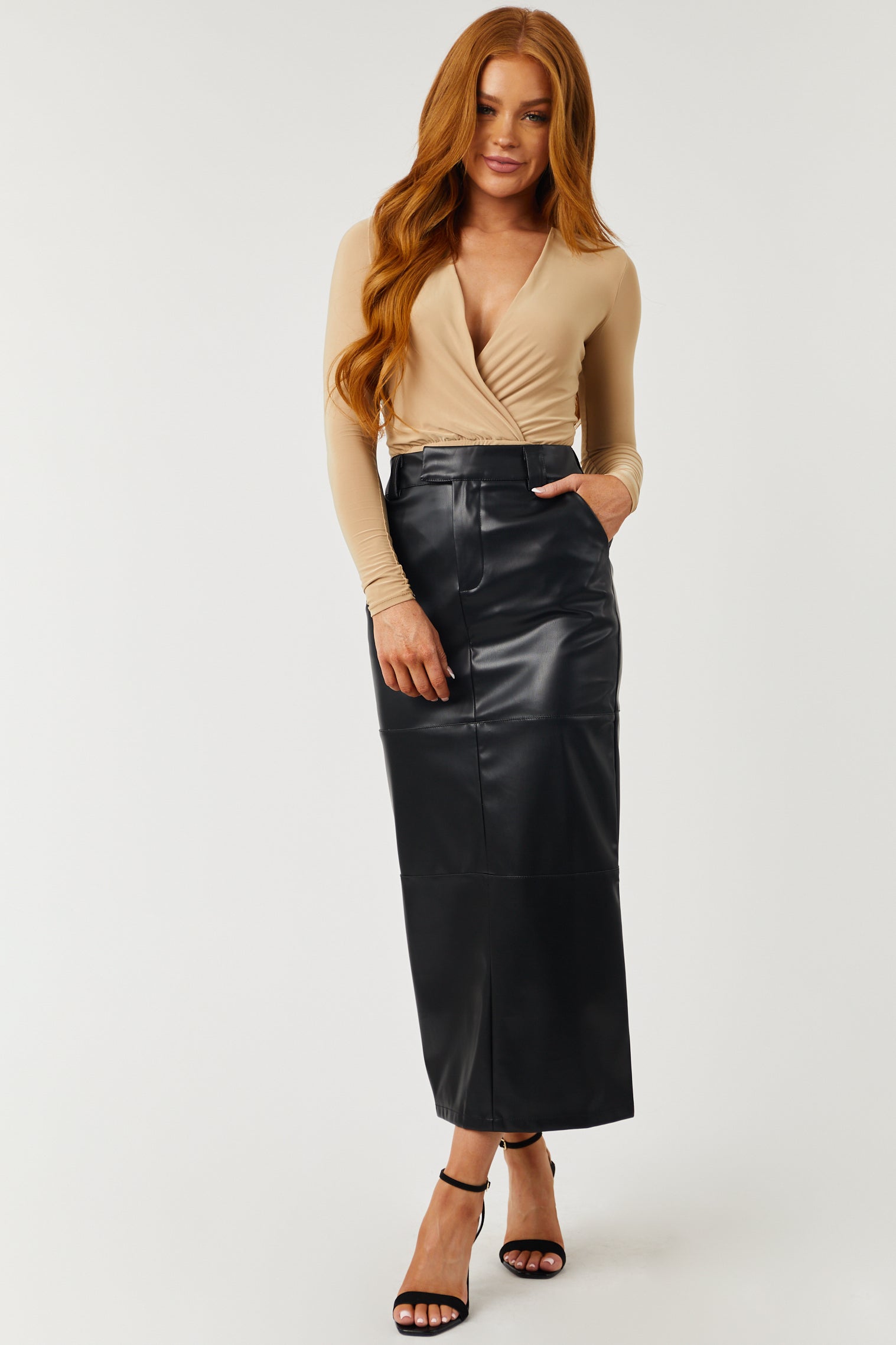 Black Faux Leather Back Slit Midi Skirt