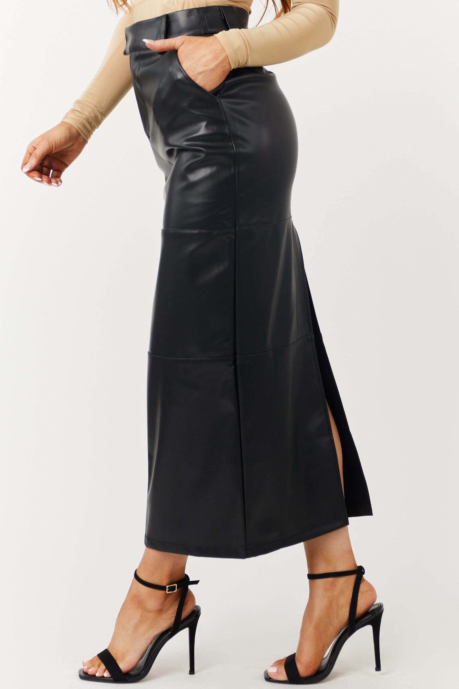 Black Faux Leather Back Slit Midi Skirt