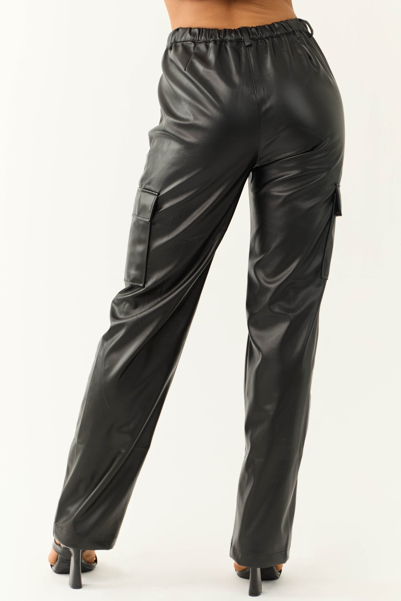 Black Faux Leather Cargo Straight Leg Pants