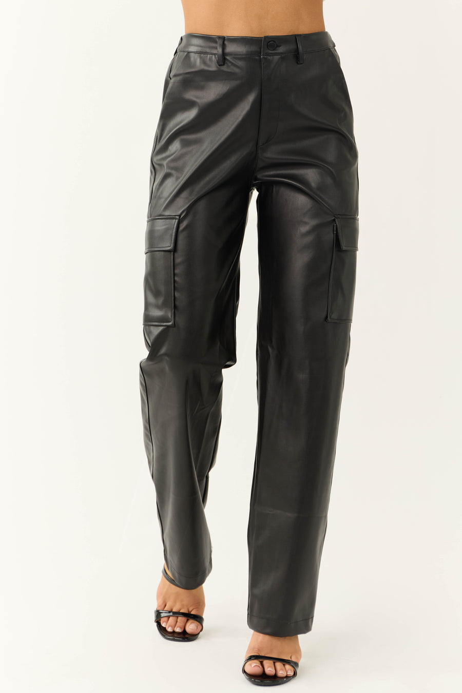 Black Faux Leather Cargo Straight Leg Pants