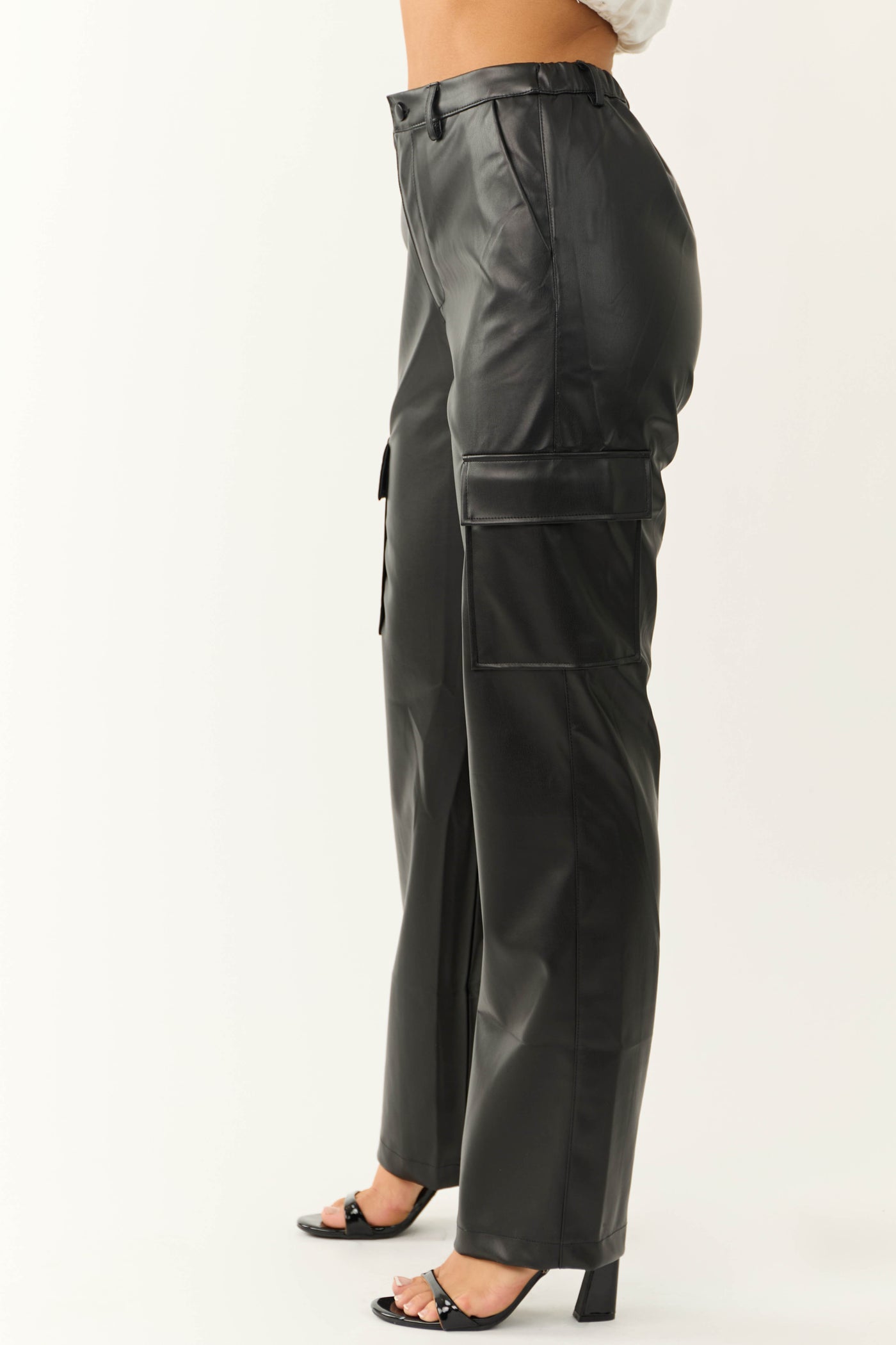 Black Faux Leather Cargo Straight Leg Pants