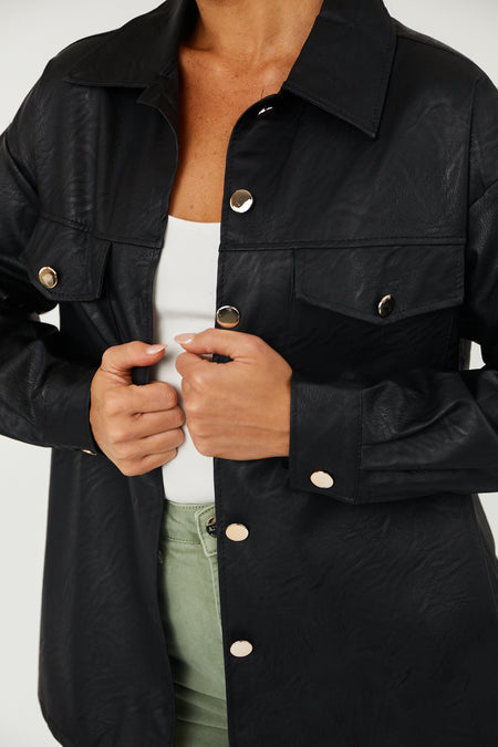 Black Faux Leather Gold Button Down Shacket