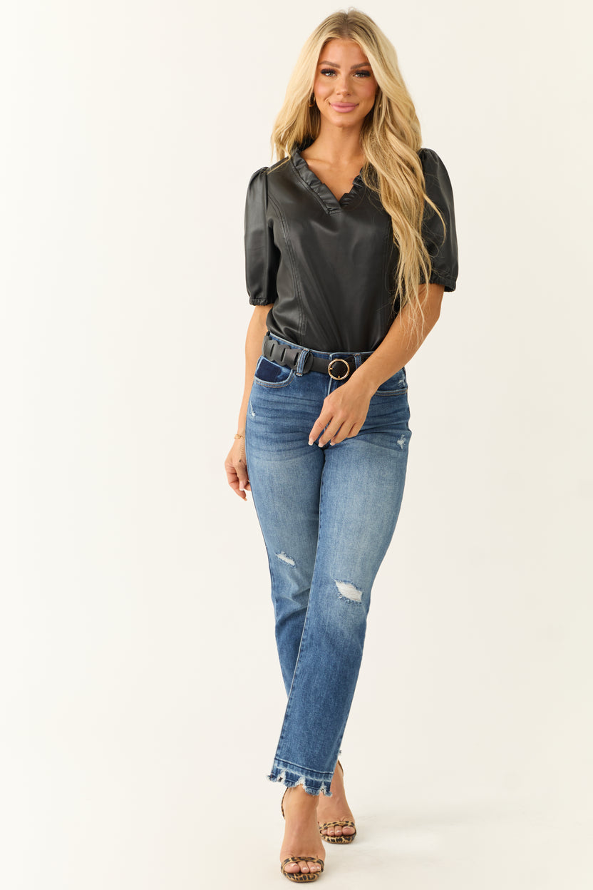 Black Faux Leather Half Sleeve V Neck Top