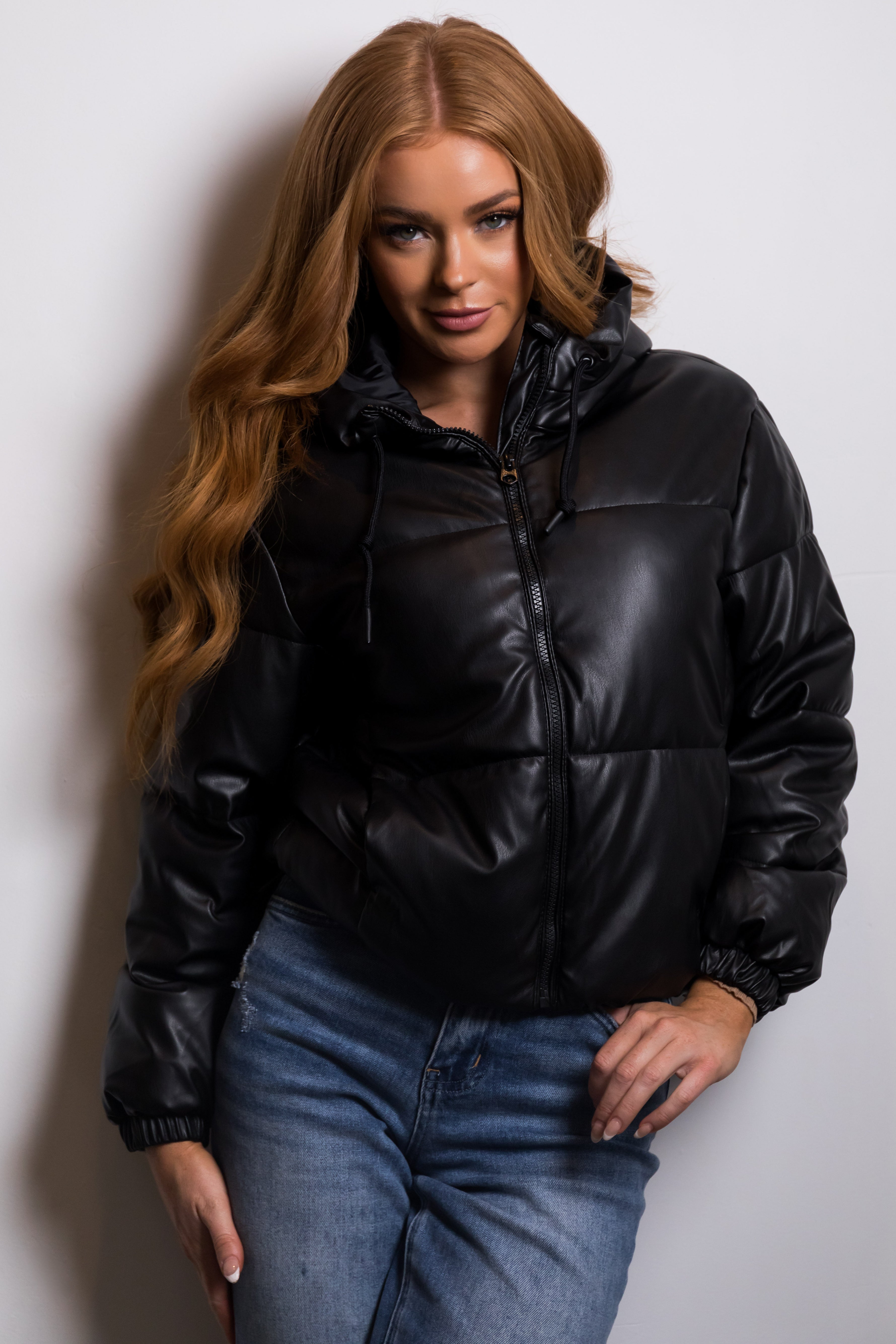 Faux-Leather Hooded Puffer Jacket-