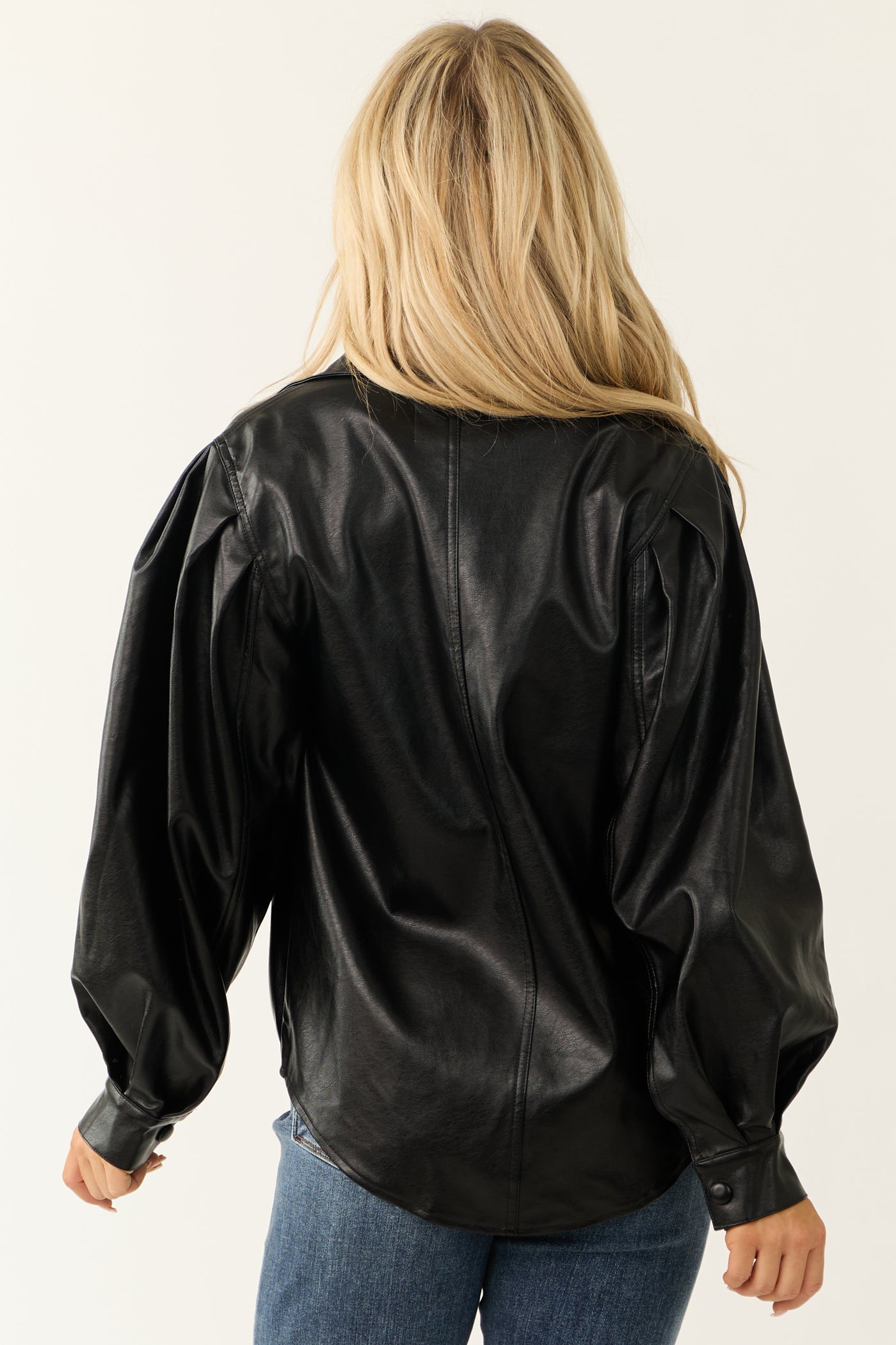 Black Faux Leather Long Balloon Sleeve Top