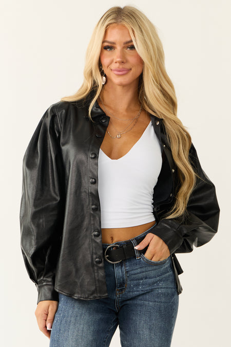 Black Faux Leather Long Balloon Sleeve Top