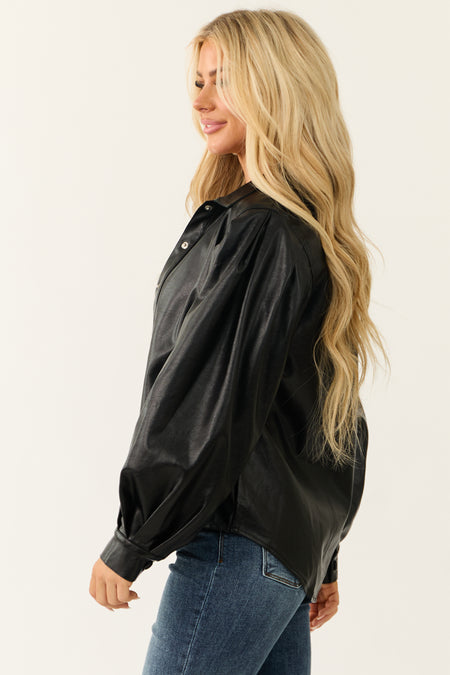 Black Faux Leather Long Balloon Sleeve Top