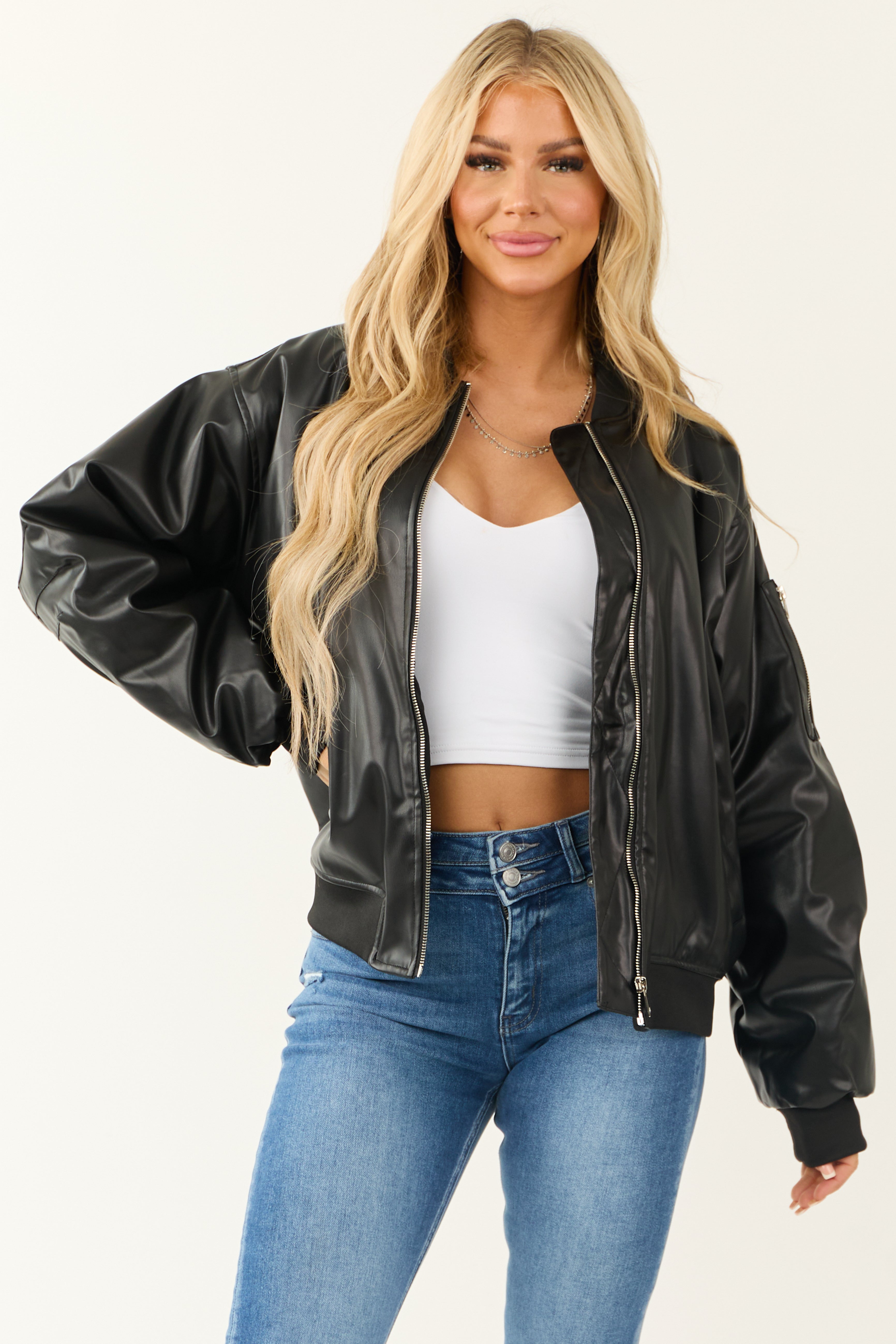 Black Faux Leather Oversized Bomber Jacket