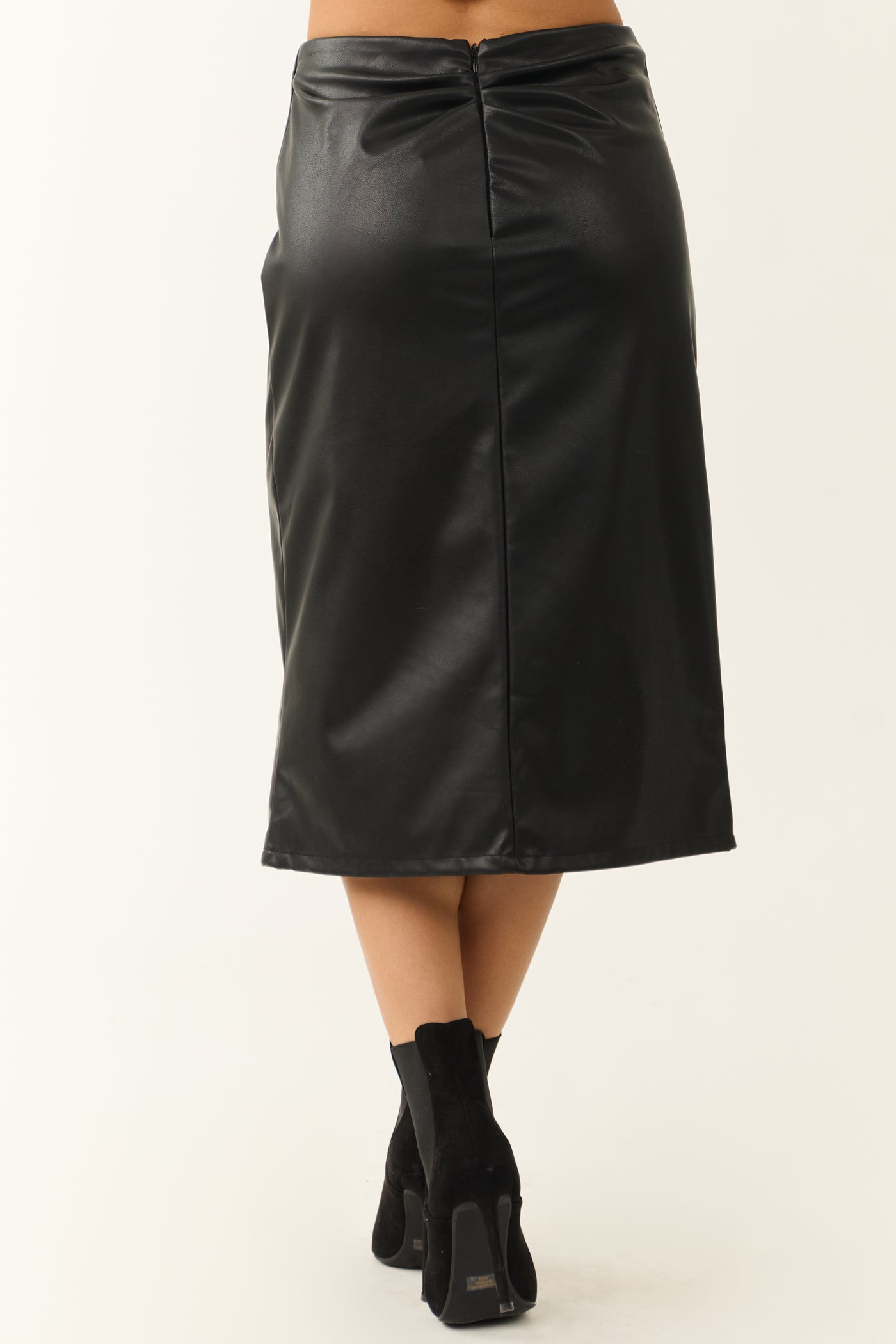 Black Faux Leather Pleating Detail Midi Skirt