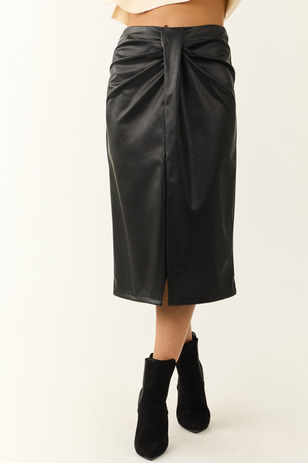 Black Faux Leather Pleating Detail Midi Skirt