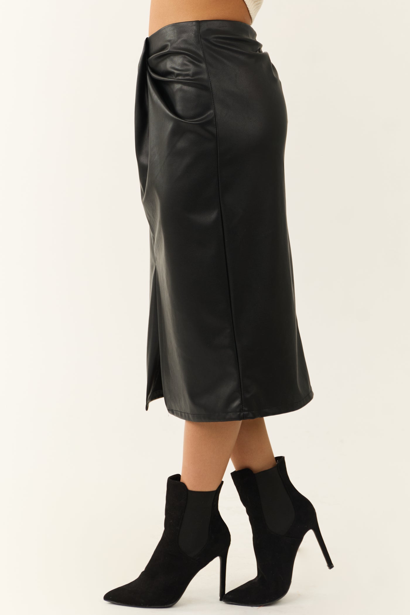 Black Faux Leather Pleating Detail Midi Skirt