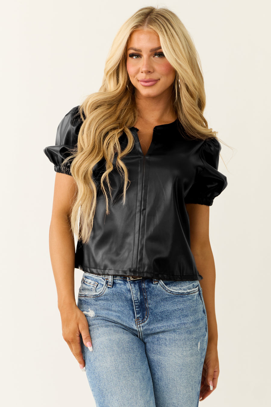 Black Faux Leather Puff Sleeve Top