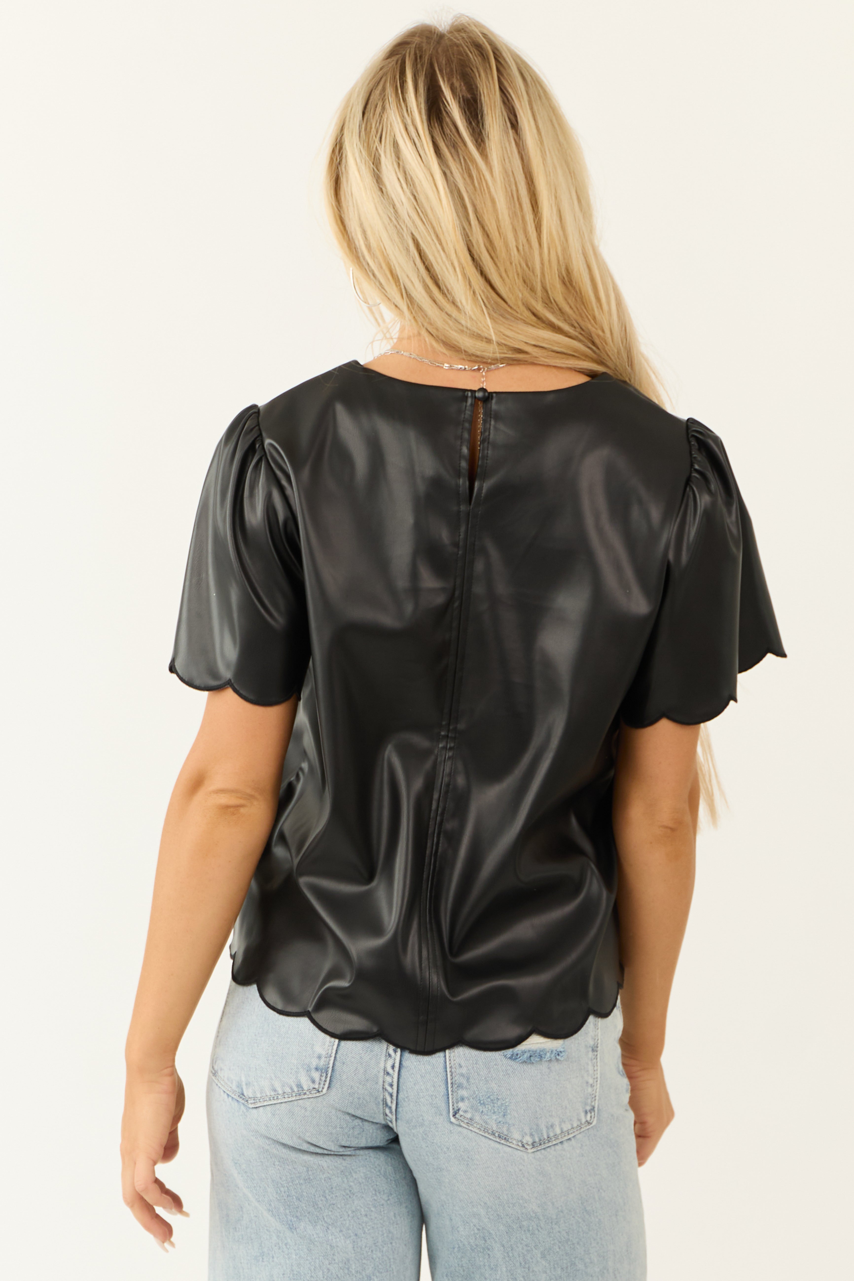 Black Faux Leather Scalloped Short Sleeve Top