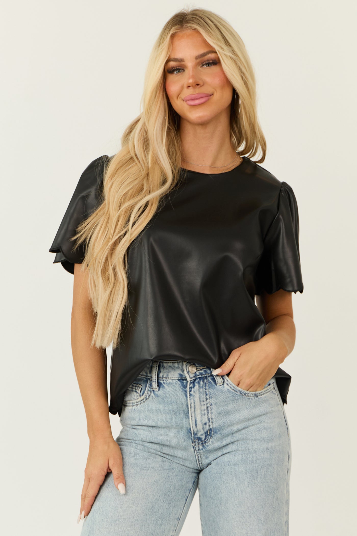 Black Faux Leather Scalloped Short Sleeve Top