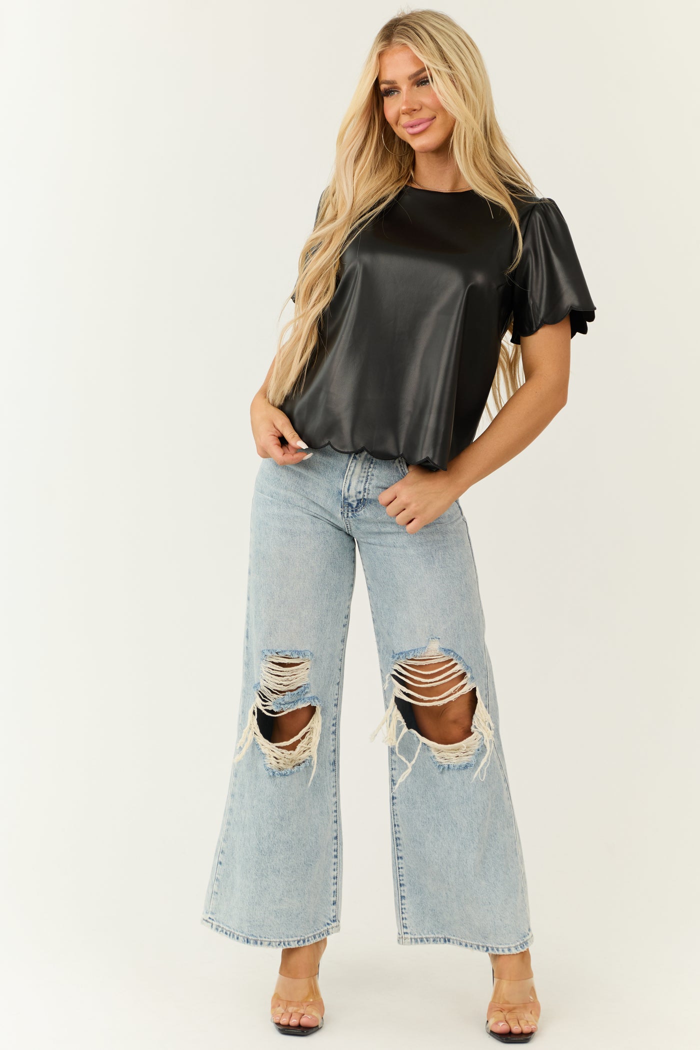 Black Faux Leather Scalloped Short Sleeve Top