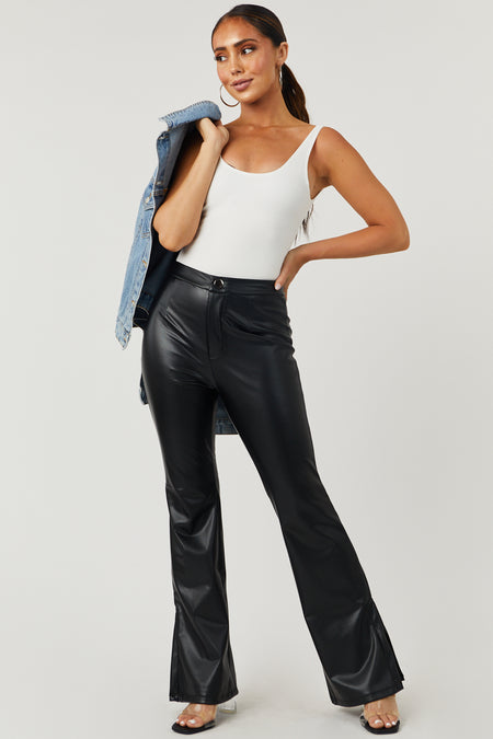 Black Faux Leather Slit Fit and Flare Pants