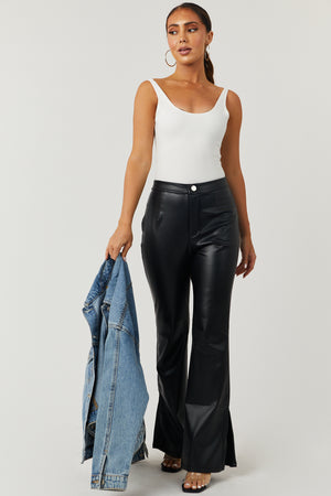 Black Faux Leather Slit Fit and Flare Pants