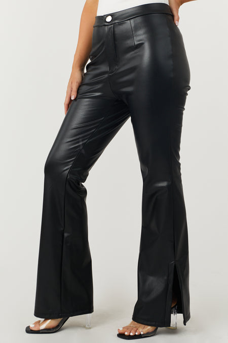 Black Faux Leather Slit Fit and Flare Pants